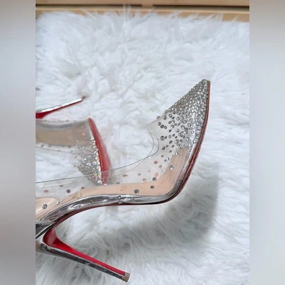 Christian Louboutin Clear and Silver Embellished Heels 100 mm - Picture 9 of 16
